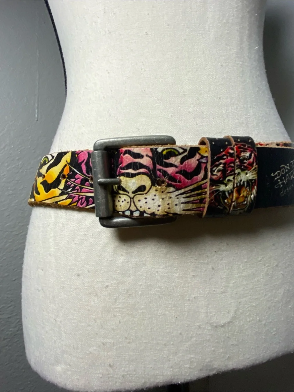 Y2K Ed Hardy Black Pink Yellow Tiger Branded Rhinestone Belt Size Small